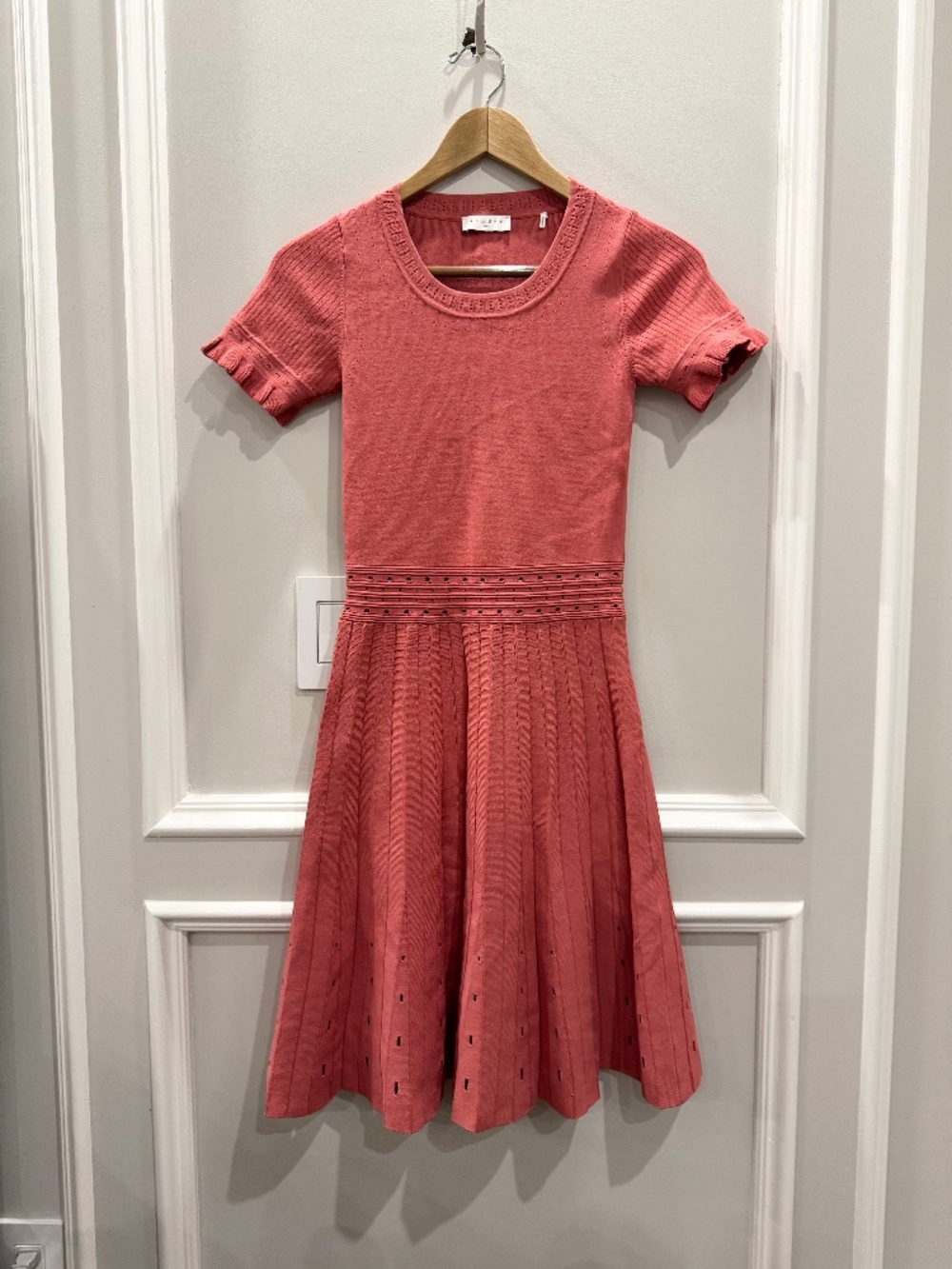 NWT Sandro Paris Etor Rose Pink Knit Fit Flare Dress Ruffled Sleeve Size 36